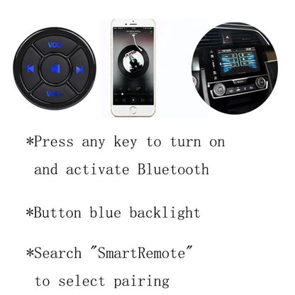 Black circular bluetooth media button remote controller car with blue backlit volume and track navigation buttons for steering wheel mp3