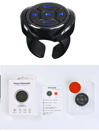 Black plastic bluetooth media button remote controller car with blue illuminated buttons for steering wheel mp3 use