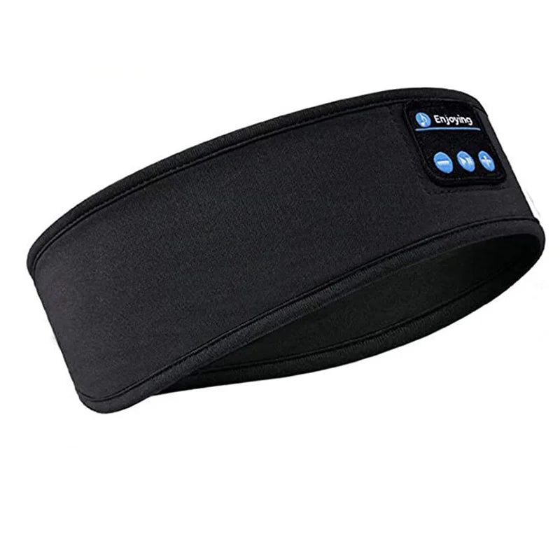 Black wireless bluetooth music mask sports headband with built-in controls and display showing enjoying for running and yoga