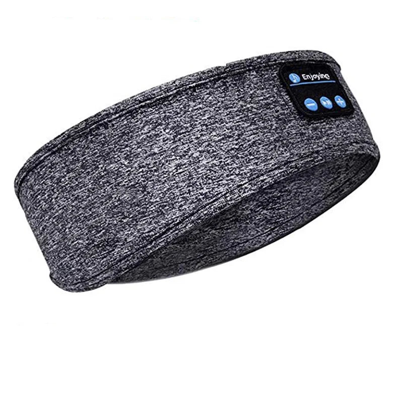 Gray heathered fabric wireless bluetooth music mask sports headband with black control panel and blue buttons for running