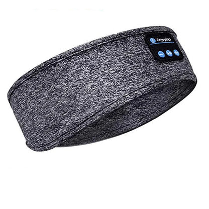 Gray heathered fabric wireless bluetooth music mask sports headband with black control panel and blue buttons for running