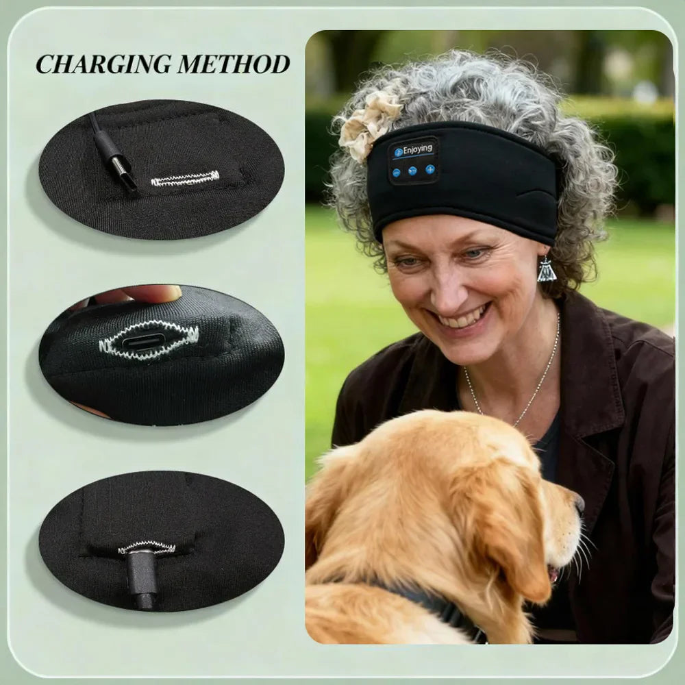 Black fabric mask sports headband with built-in wireless bluetooth music headphones for talk running yoga and sleep