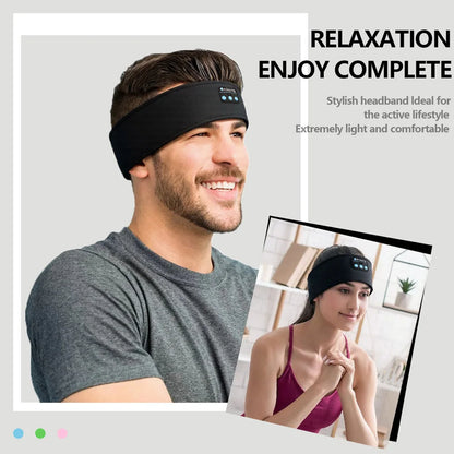Black fabric mask sports headband with built-in wireless bluetooth music speakers and control buttons for running and yoga