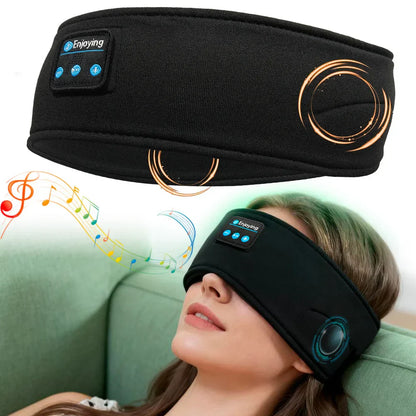 Black fabric wireless bluetooth music mask sports headband with built-in controls and gold accent headphones talk running