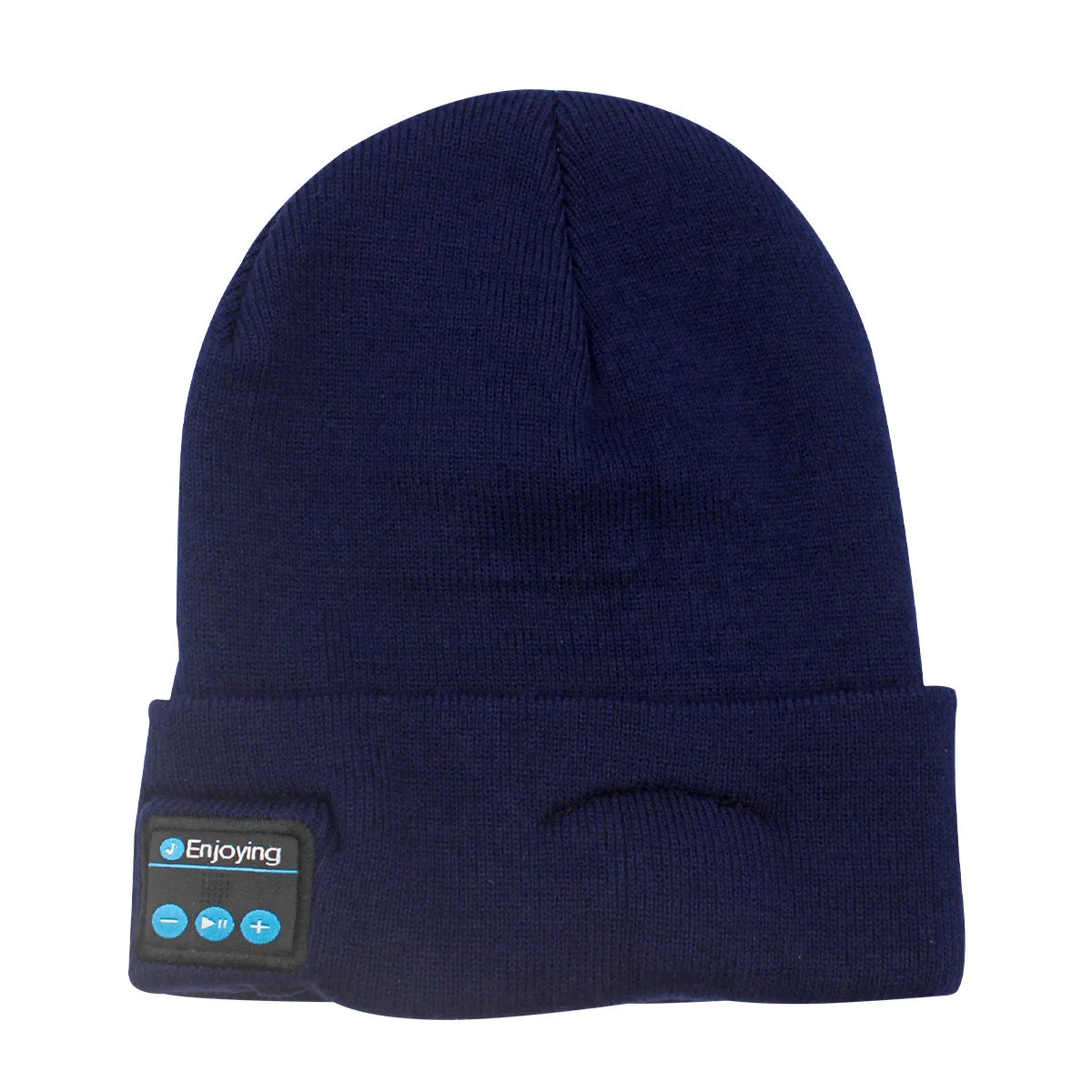 Navy blue knitted hat headphone with wireless bluetooth music control panel and warm beanie speaker for outdoor use