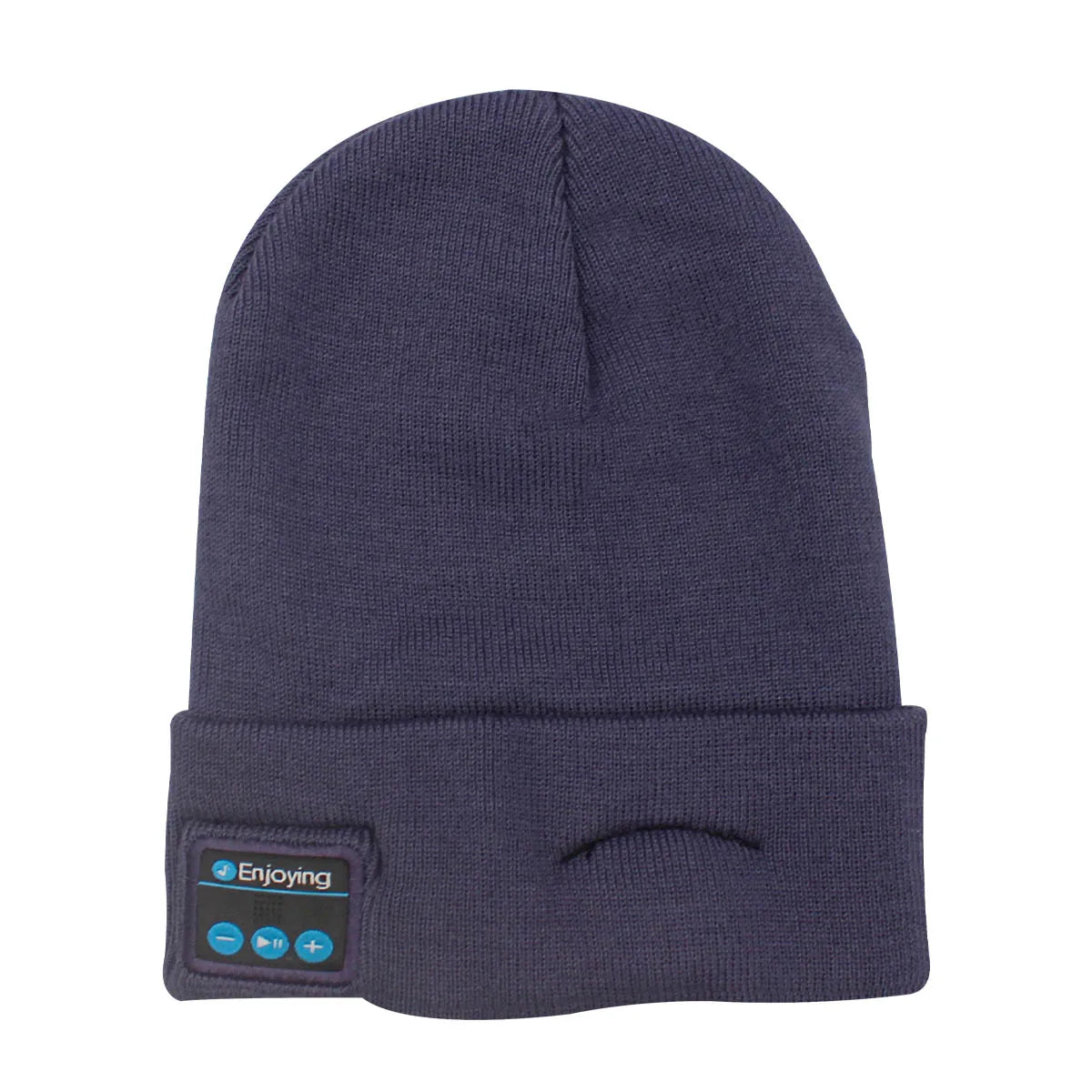 Dark blue knitted hat headphone with folded cuff and built-in wireless bluetooth music speaker for outdoor use