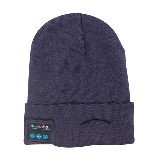 Dark blue knitted hat headphone with folded cuff and built-in wireless bluetooth music speaker for outdoor use