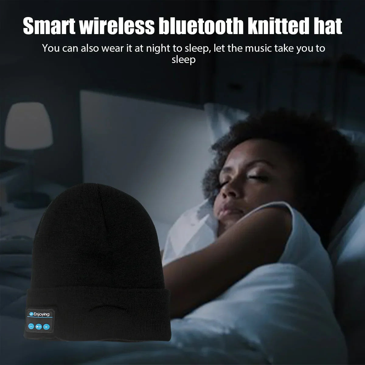 Black knitted hat headphone with wireless bluetooth music and warm beanie speaker for outdoor winter activities