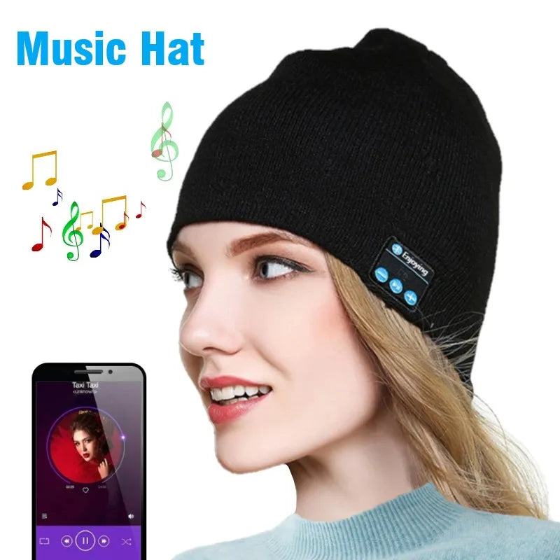 Black knitted wireless bluetooth music hat with built-in control buttons warm beanie speaker for outdoor use