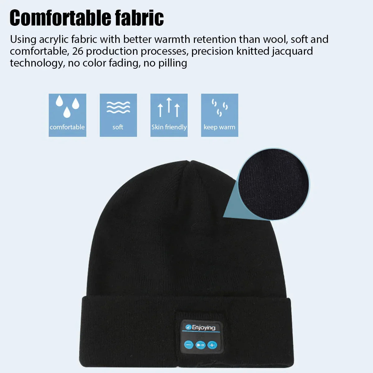 Black knit wireless bluetooth music beanie with integrated speaker and control buttons for outdoor winter use