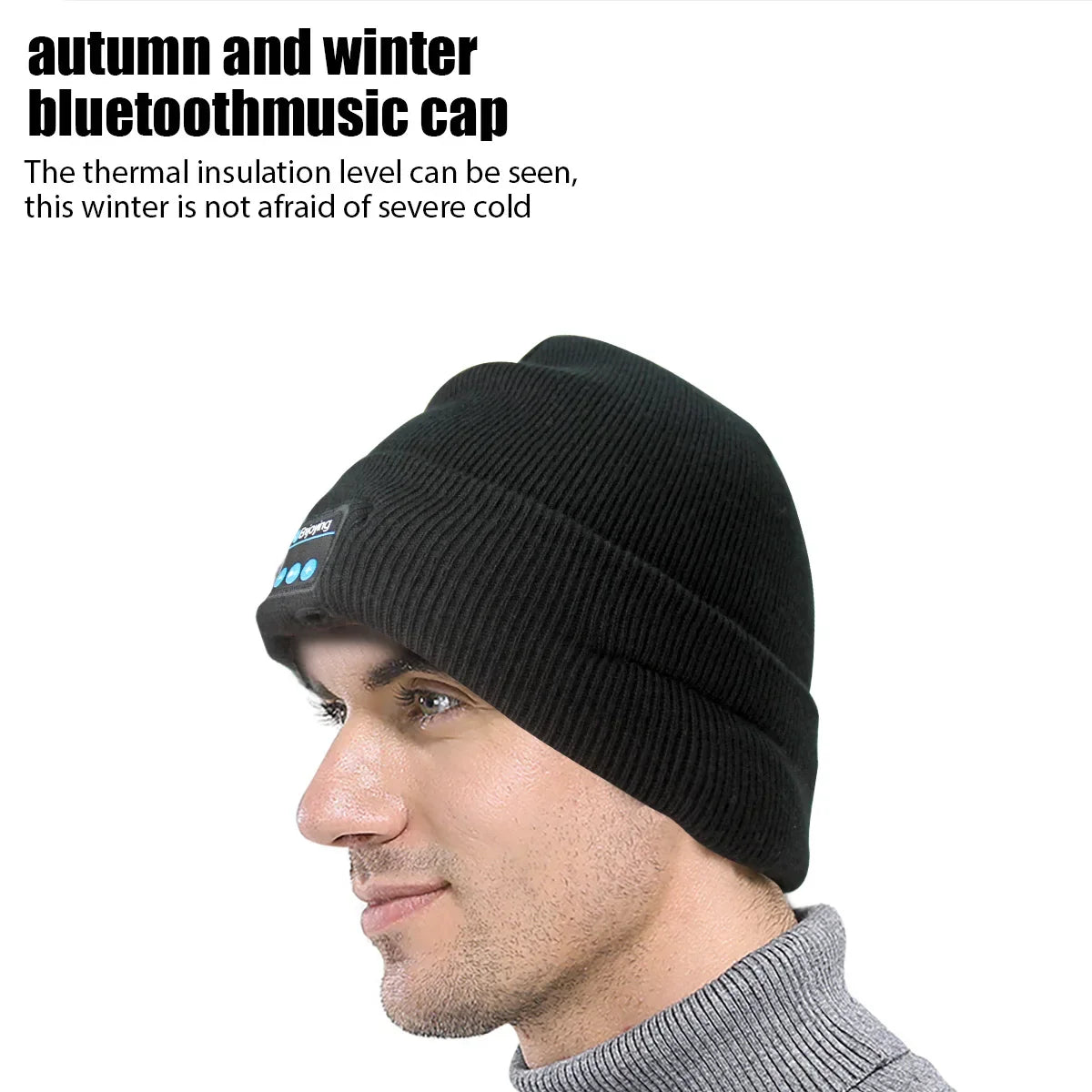 Black ribbed knit wireless bluetooth music warm beanie speaker with integrated controls for outdoor sports use