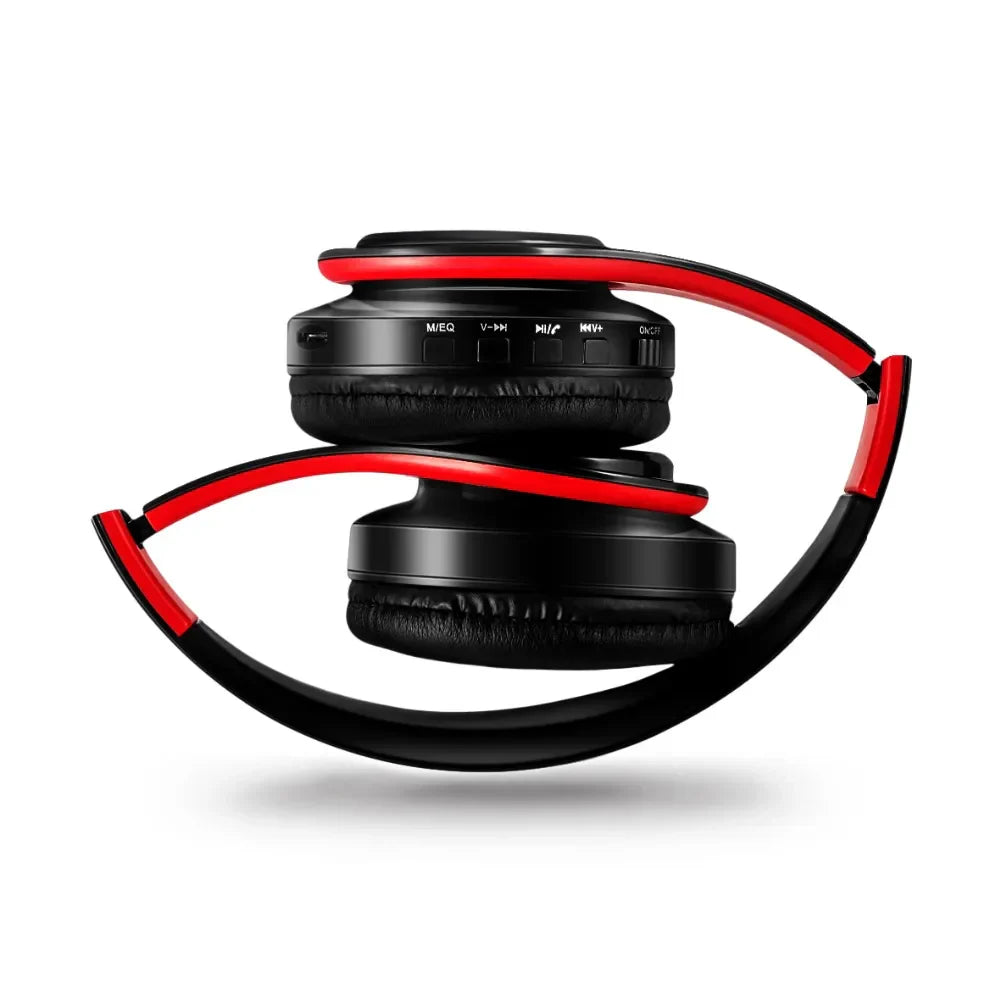 Black and red wireless bluetooth music headphones with microphone stereo bass and foldable design for sports use
