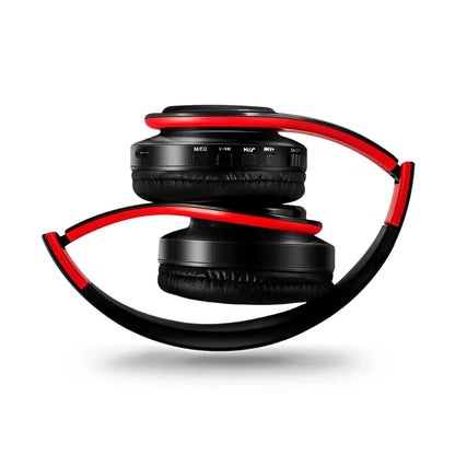 Black and red wireless bluetooth music headphones with microphone stereo bass and foldable design for sports use