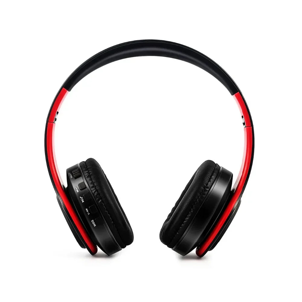 Black and red wireless bluetooth music headphones with padded earcups microphone stereo bass earphones sports design