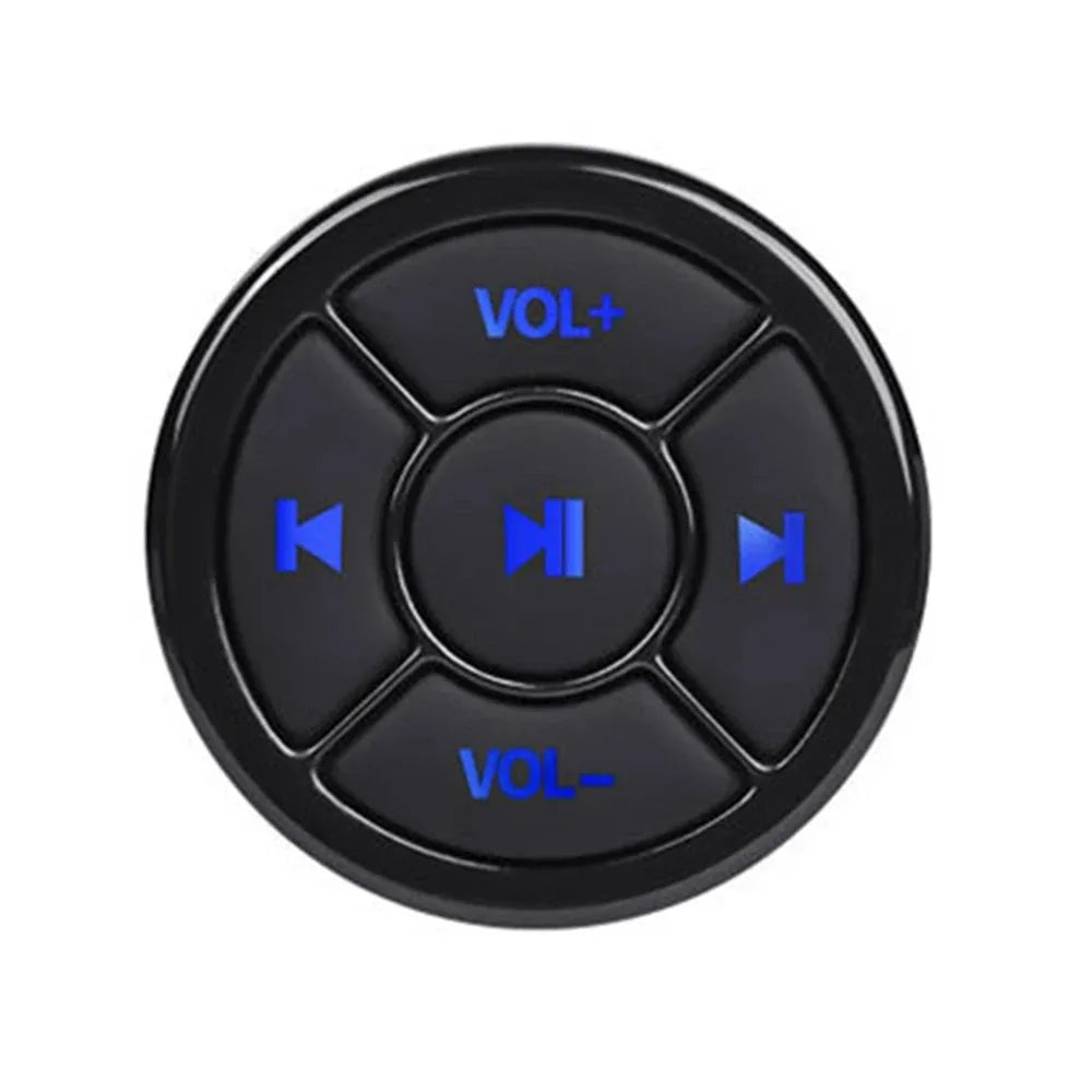 Black circular wireless bluetooth remote car motorcycle button with blue illuminated controls for bike steering wheel music