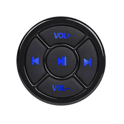 Black circular wireless bluetooth remote car motorcycle button with blue illuminated controls for bike steering wheel music