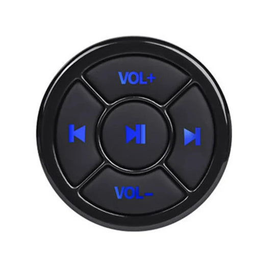 Black circular wireless bluetooth remote car motorcycle button with blue illuminated controls for bike steering wheel music