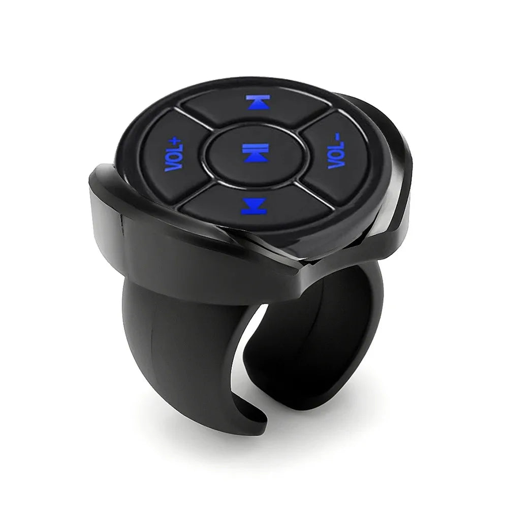 Black wireless bluetooth remote controller with blue illuminated buttons for bike steering wheel and button car motorcycle use