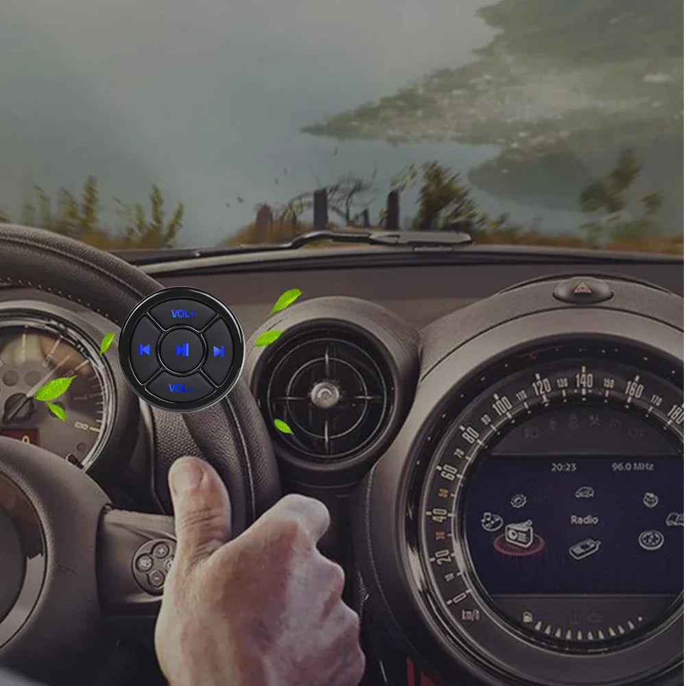 Black circular wireless bluetooth remote car motorcycle button with blue illuminated controls for bike steering wheel use
