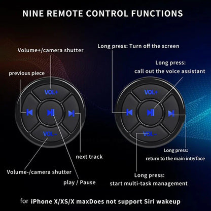 Black wireless bluetooth remote with blue illuminated media buttons for button car motorcycle and bike steering wheel use