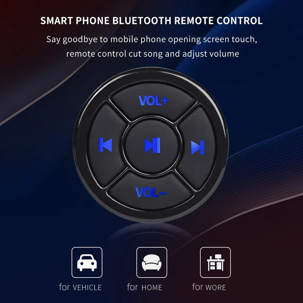 Black circular wireless bluetooth remote with blue illuminated buttons for button car motorcycle and bike steering wheel use