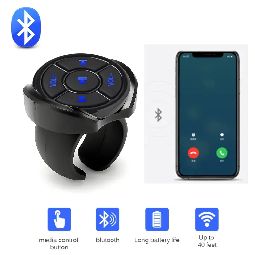 Black wireless bluetooth remote button car motorcycle handlebar controller with blue illuminated volume and media buttons