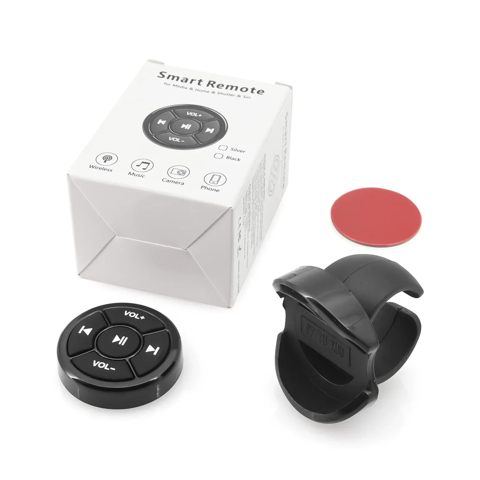 Black circular wireless bluetooth remote controller with volume and media buttons for ios android phone motorcycle bike steering