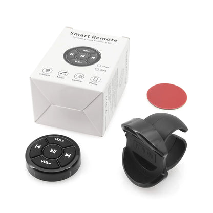 Black circular wireless bluetooth remote controller with volume and media buttons for ios android phone motorcycle bike steering