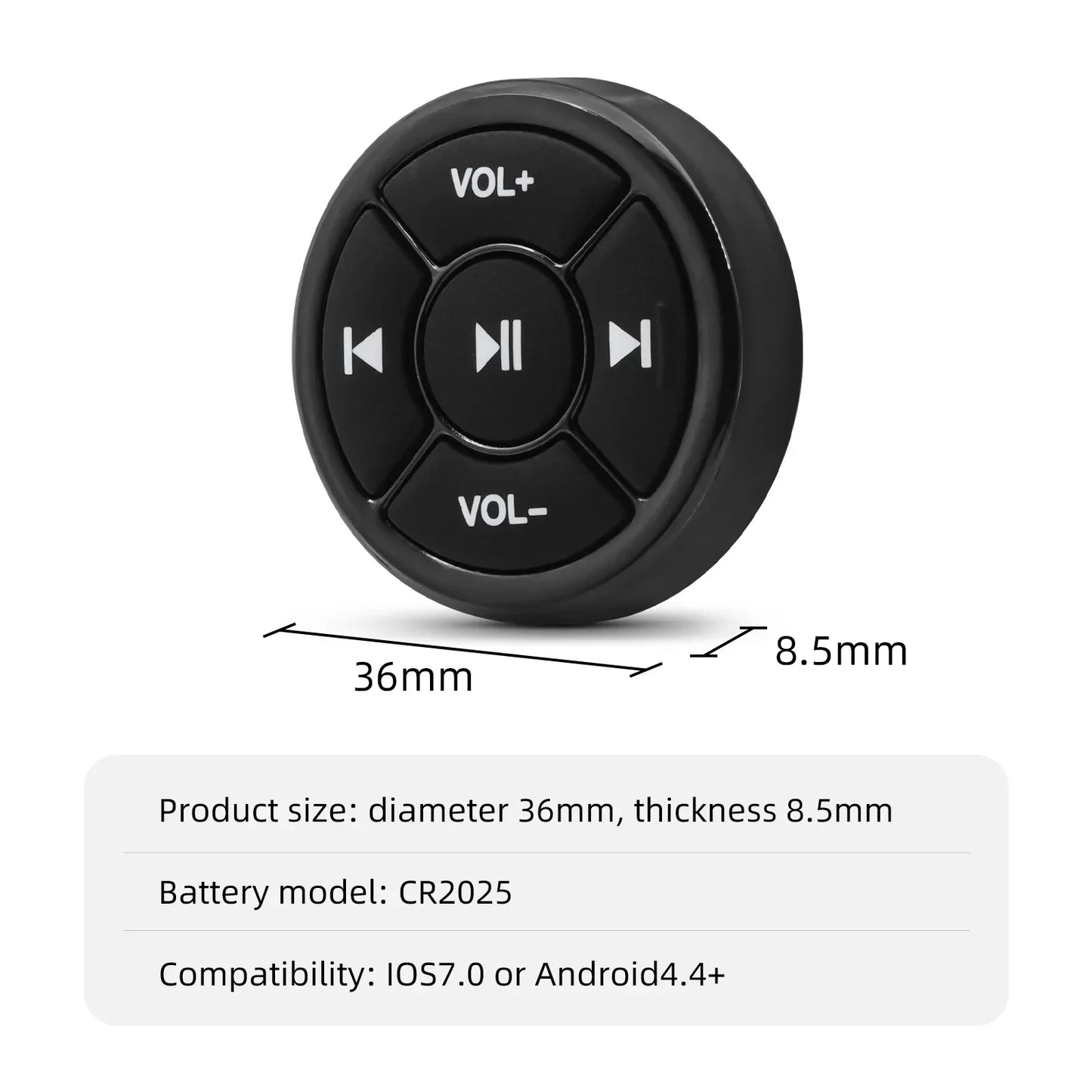 Black circular wireless bluetooth remote car audio control button with volume and track symbols for ios android phone motorcycle bike steering