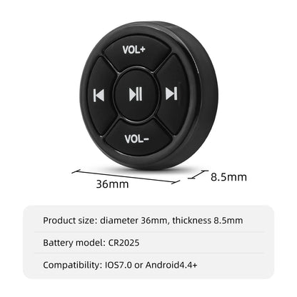 Black circular wireless bluetooth remote car audio control button with volume and track symbols for ios android phone motorcycle bike steering
