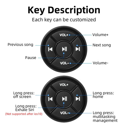 Black circular wireless bluetooth remote with tactile media buttons for motorcycle bike steering and ios android phone use