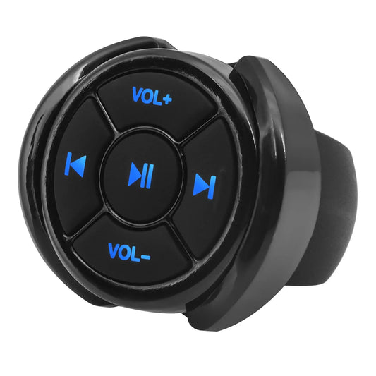 Black circular wireless bluetooth remote controller with blue illuminated buttons for motorcycle bike steering ios android phone