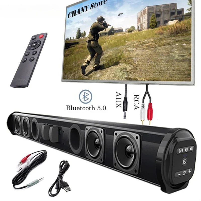 Black bluetooth sound bar with multiple drivers and aux rca usb ports for super power sound theater tv projector use