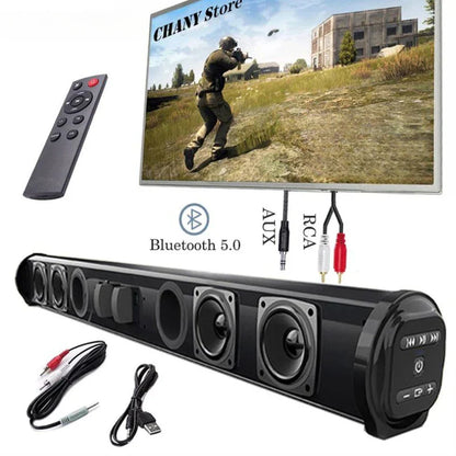 Black bluetooth sound bar with multiple drivers and aux rca usb ports for super power sound theater tv projector use