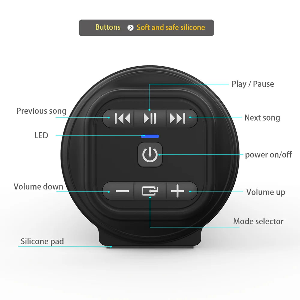 Black circular bluetooth sound bar speaker with soft silicone buttons and central power button for theater tv projector use