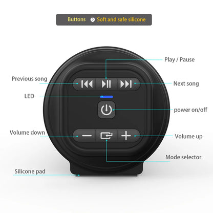 Black circular bluetooth sound bar speaker with soft silicone buttons and central power button for theater tv projector use