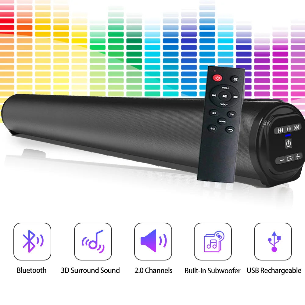 Black bluetooth sound bar with 3d surround sound and built-in subwoofer for theater tv projector and super power sound