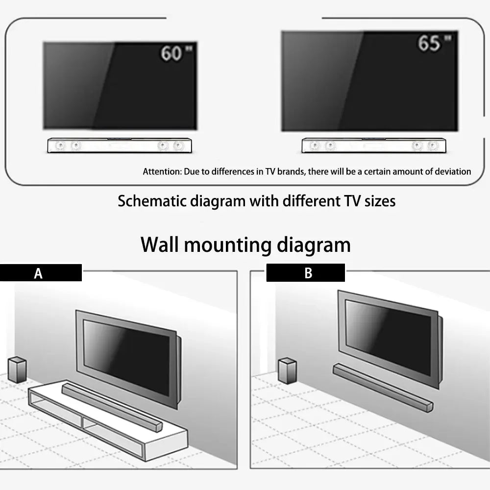 Wireless bluetooth sound bar speaker system shown with 60-inch and 65-inch theater tv projector wall mounts and soundbars