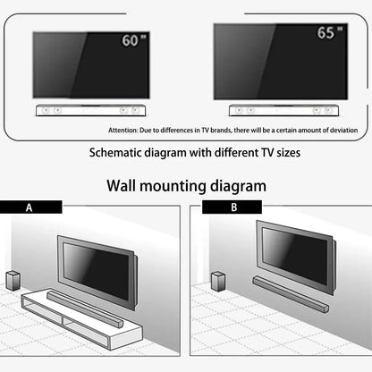 Wireless bluetooth sound bar speaker system shown with 60-inch and 65-inch theater tv projector wall mounts and soundbars