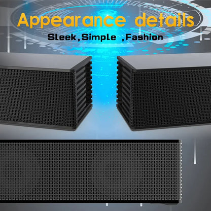 Black rectangular wireless bluetooth sound bar speaker system with sleek perforated grille for wired home theater tv projector use