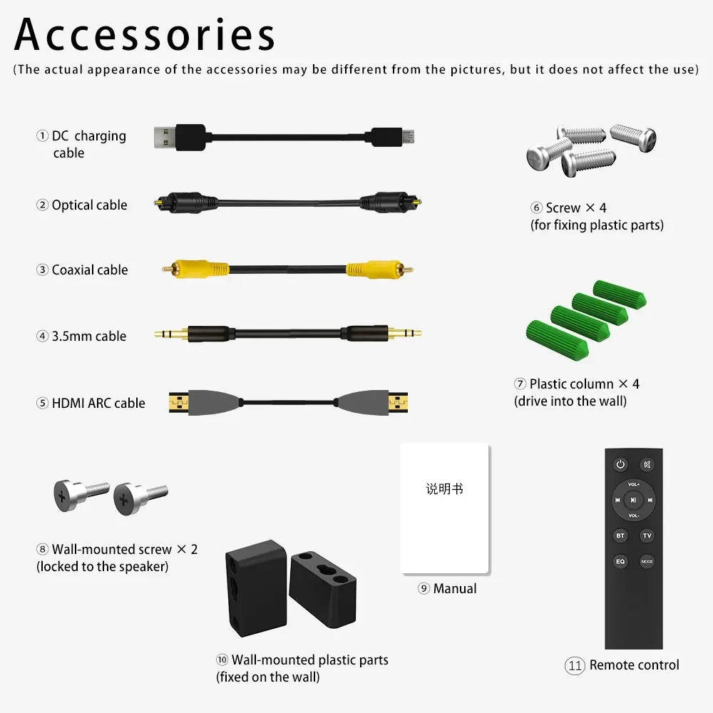 Black wireless bluetooth sound bar speaker system remote control with circular button layout and labeled function keys