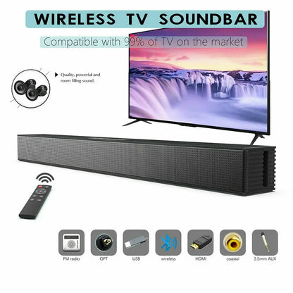 Black wireless bluetooth soundbar with textured grille and multiple connectivity ports for wired home theater use