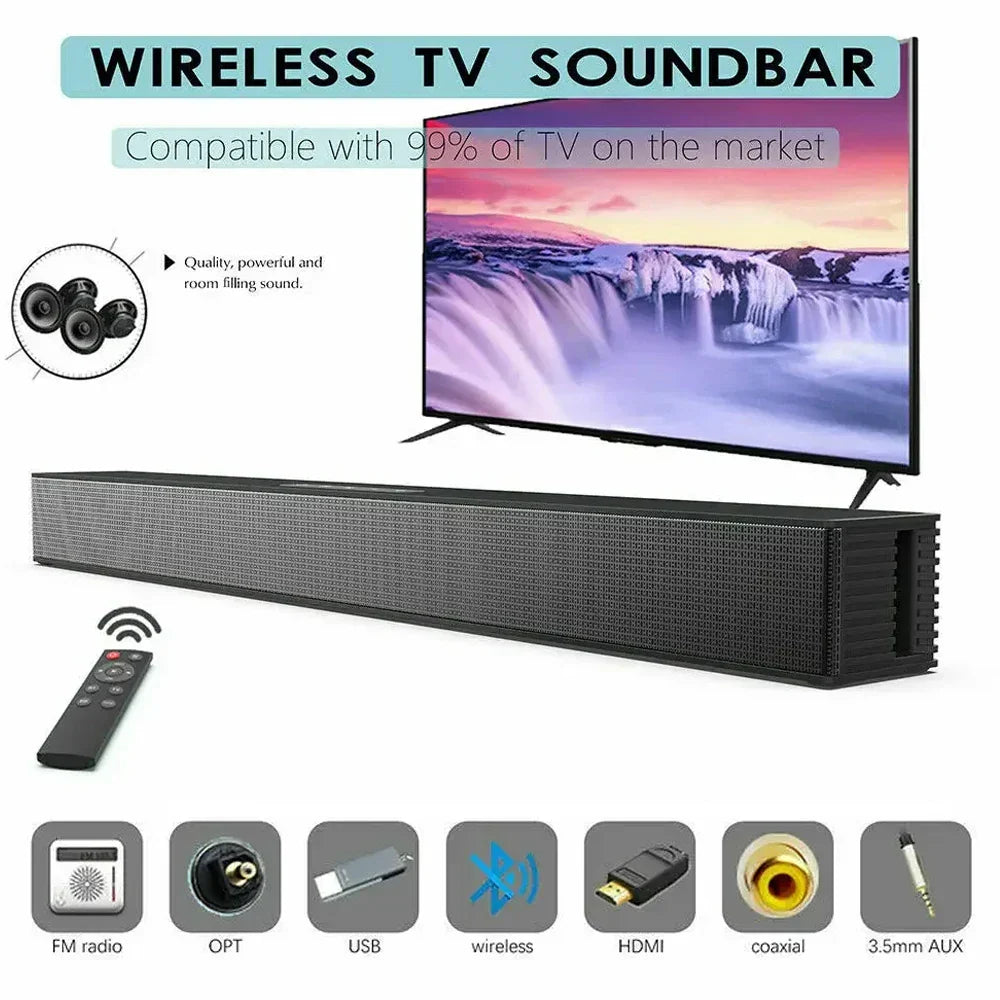 Black wireless bluetooth sound bar speaker system with textured grille and multiple connectivity ports for wired home theater and theater tv projector use