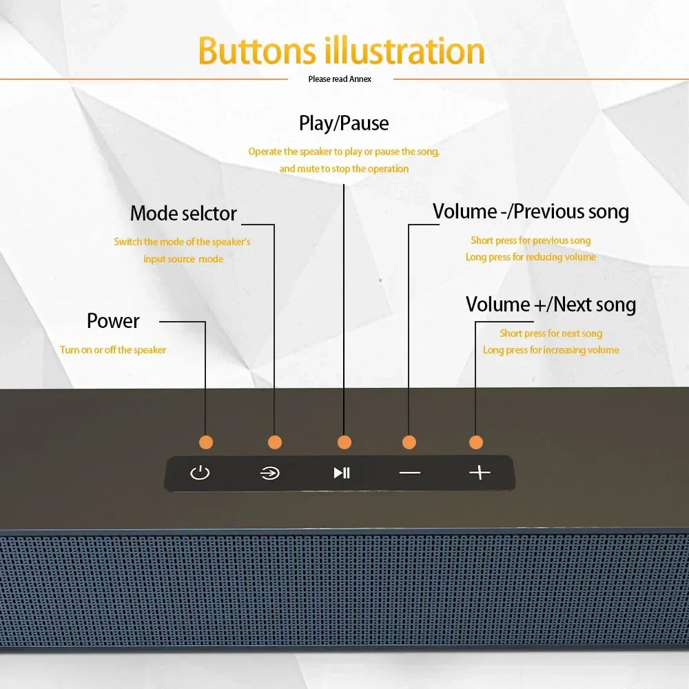 Black wireless bluetooth sound bar speaker with textured grille and five control buttons for wired home theater use