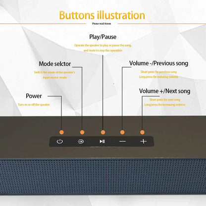Black wireless bluetooth sound bar speaker with textured grille and five control buttons for wired home theater use
