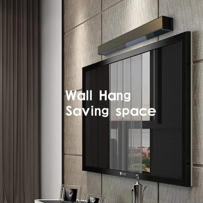 Black-framed wall-mounted television with sleek modern design and integrated led lighting paired with bluetooth sound bar and wired wireless surround system for theater tv projector setup