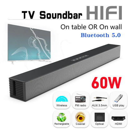 Black hi-fi bluetooth sound bar with textured gray grille, 60w power, and wired wireless surround for theater tv projector use