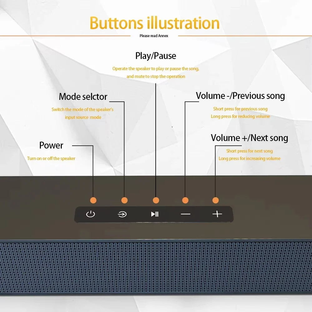 Black wireless bluetooth sound bar speaker with textured grille five control buttons for theater tv projector system