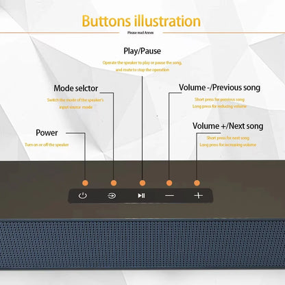 Black wireless bluetooth sound bar speaker with textured grille five control buttons for theater tv projector system