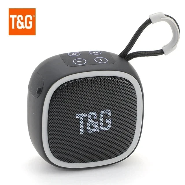 Black and gray wireless bluetooth speaker with textured grille control buttons and carrying loop radio fm waterproof small subwoofer sound